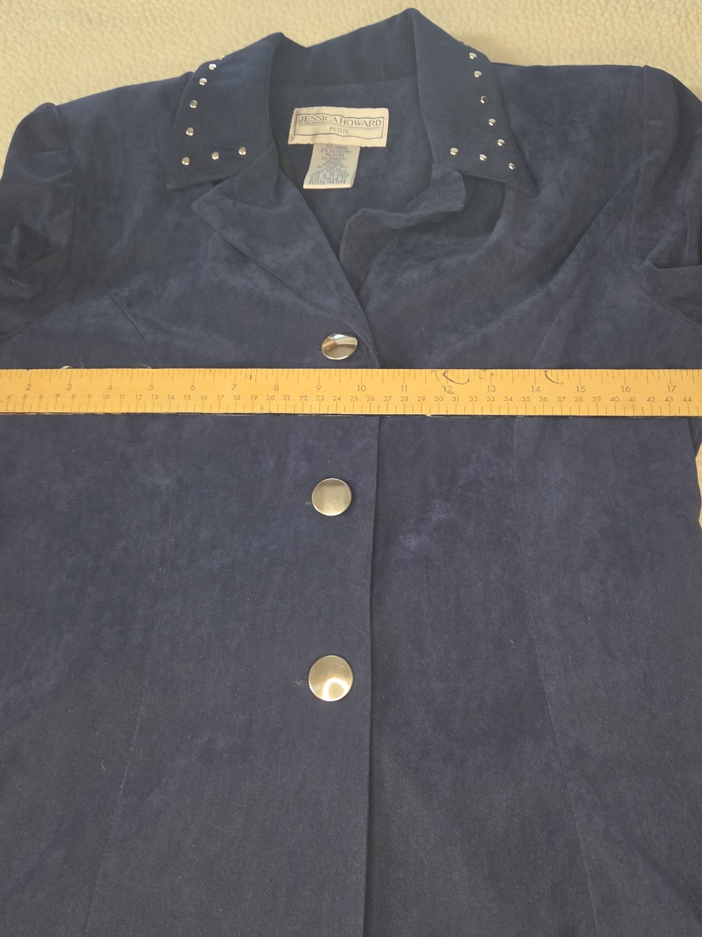Women's Navy Button-Front Jacket with Studded Collar Size 10 P NWT - Picture 3 of 7